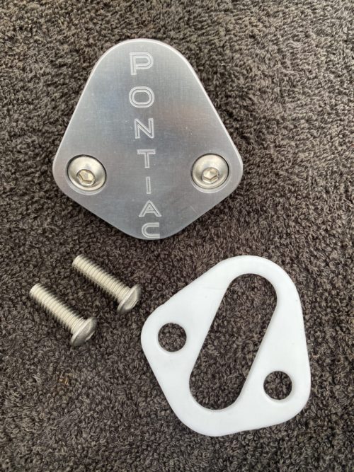 Pontiac block off plate with Pontiac words logo and Teflon gasket